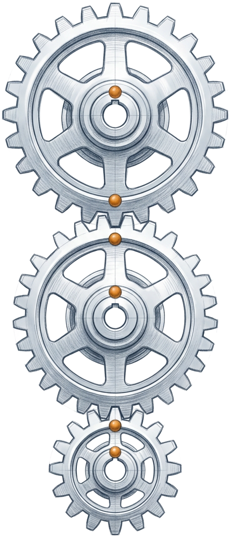 Pencil sketch of three interlocking gears