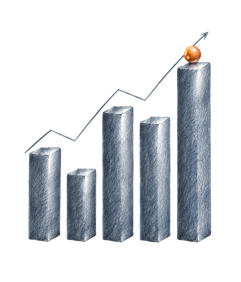 Pencil sketch of rising bars with an upward arrow