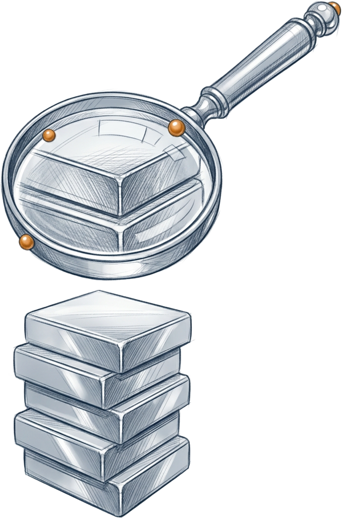 Pencil sketch of a magnifying glass over stacked layers